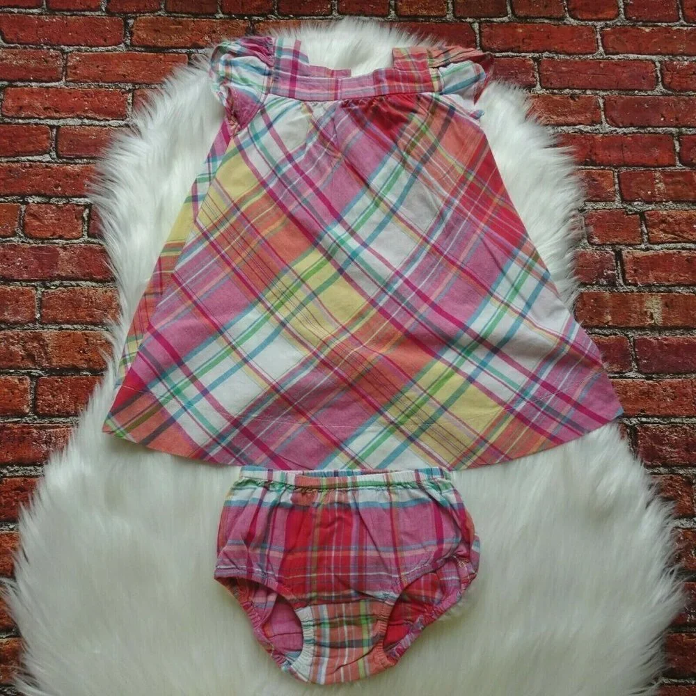 💰3/$25 CHAPS 2-PC Girl's Dress & Bottoms Set Outfit Pink Plaid Preppy Cotton